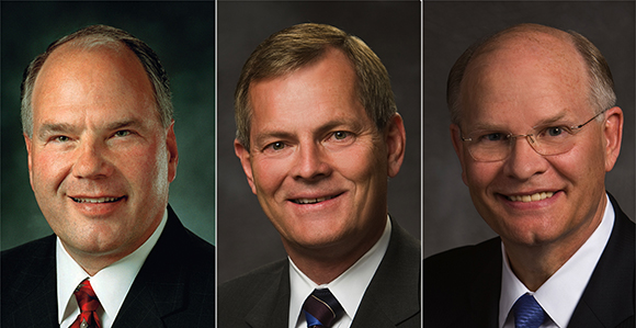 Três Novos Apóstolos: Ronald A. Rasband, Gary E. Stevenson, Dale G. Renlund (esq. para dir.)