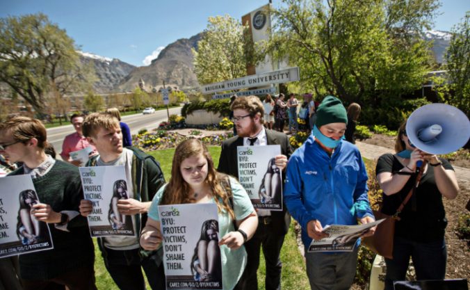 Demonstrators in Provo, Utah, last week protested Brigham Young University’s use of its Honor Code to investigate and punish students who reported being sexually assaulted. Credit Kim Raff for The New York Times