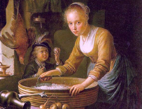Jovem empregada ilustrada por Gerrit Dou em sua 'Moça Pica Cebola' (1646)