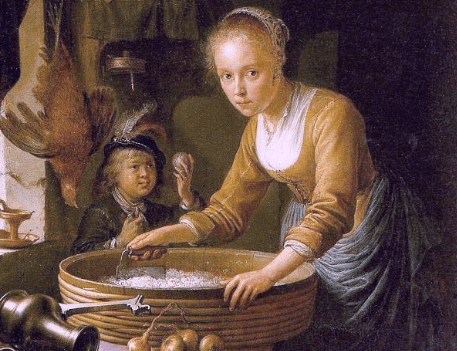 Jovem empregada ilustrada por Gerrit Dou em sua 'Moça Pica Cebola' (1646)