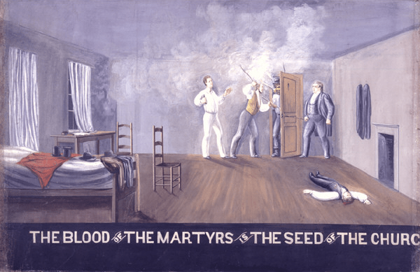 O SANGUE DOS MÁRTIRS É A SEMENTE DA IGREJA "O Interior da Prisão de Carthage" por C.C.A. Christensen (Museu de Arte da Universidade de Brigham Young). 