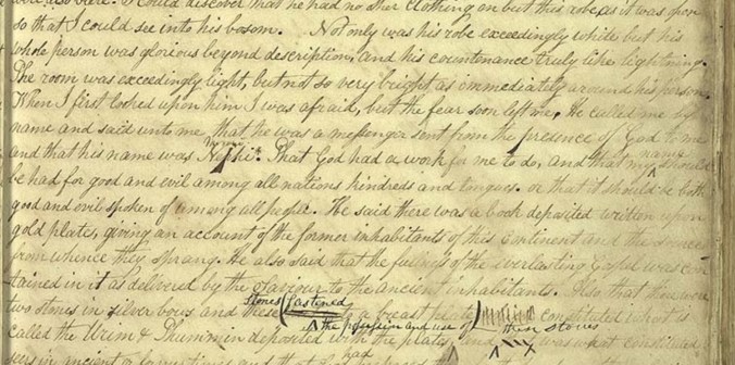 Trecho do manuscrito original da história da Igreja, ditada pelo Profeta Joseph Smith, anotado pelo Setenta James Mulholland (ca. 1839)
