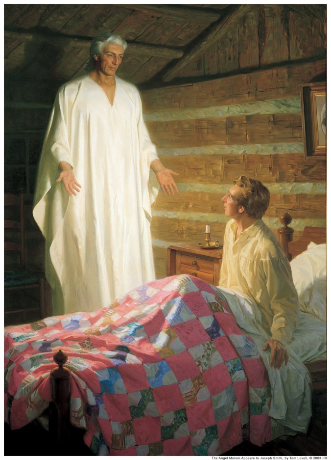 "Morôni Aparece a Joseph em Seu Quarto" ou "O Anjo Morôni Aparece a Joseph Smith", por Tom Lovell sob encomenda para, e publicado pela, A Igreja de Jesus Cristo dos Santos dos Últimos Dias. Reproduzido sob permissão 